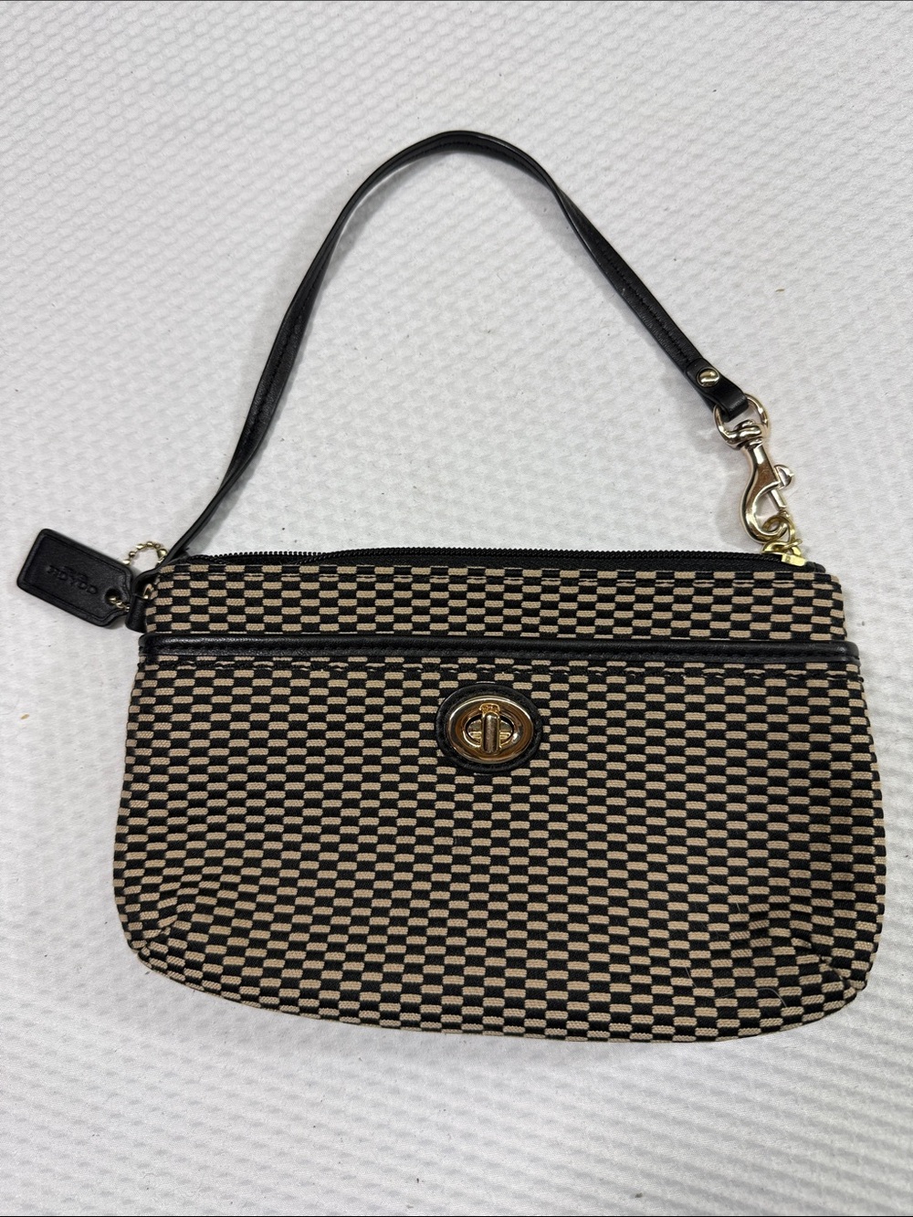 Coach Black & Beige Checker Woven Wristlet
